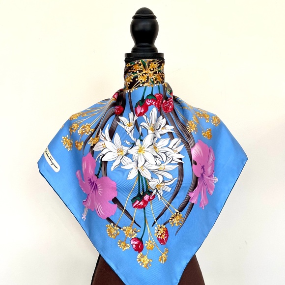 Salvatore Ferragamo Silk Scarf Flowers Sky Blue Multicolor Wrap Scarf - Picture 13 of 15
